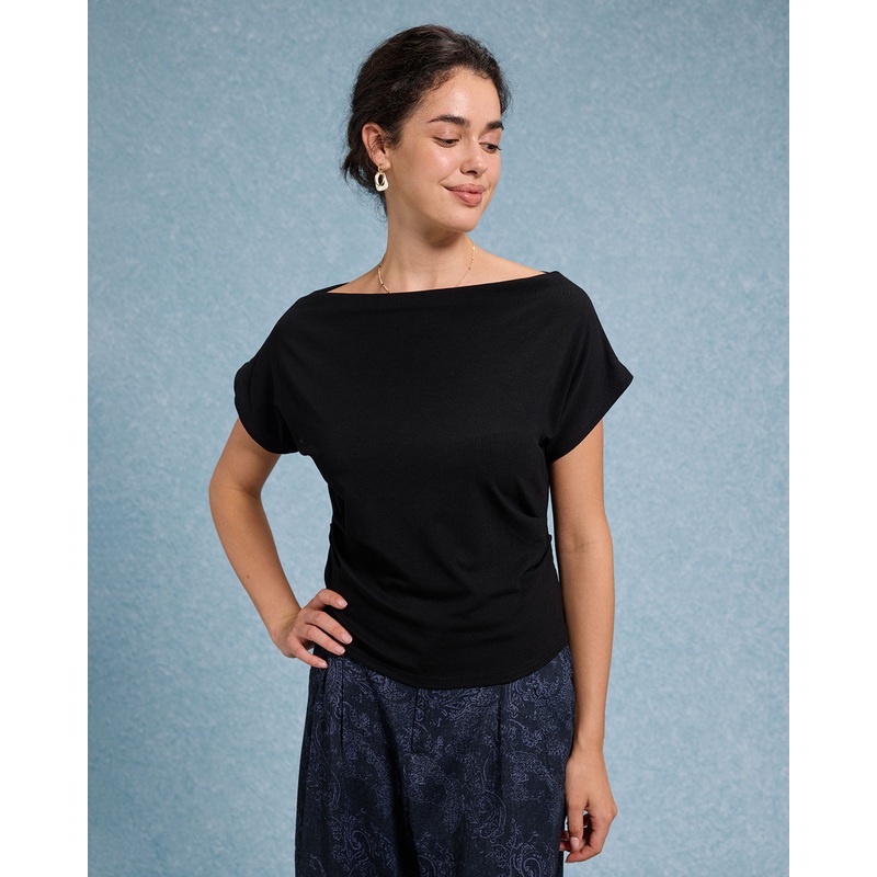 Black Cowl Sleeve Off The Shoulder Tee