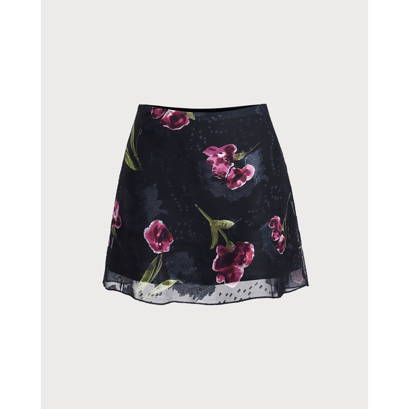 Black Floral High Waisted Mini Skirt