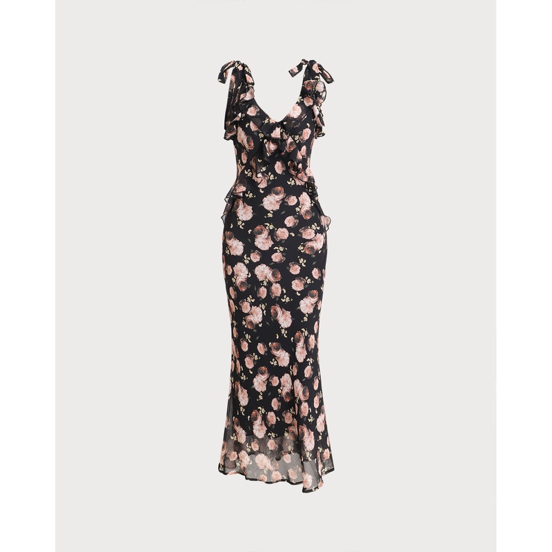 Black Floral Ruffle Sleeveless Maxi Dress