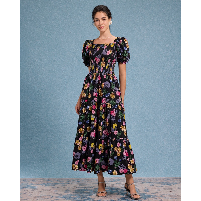 Black Floral Square Neck Shirred Maxi Dress