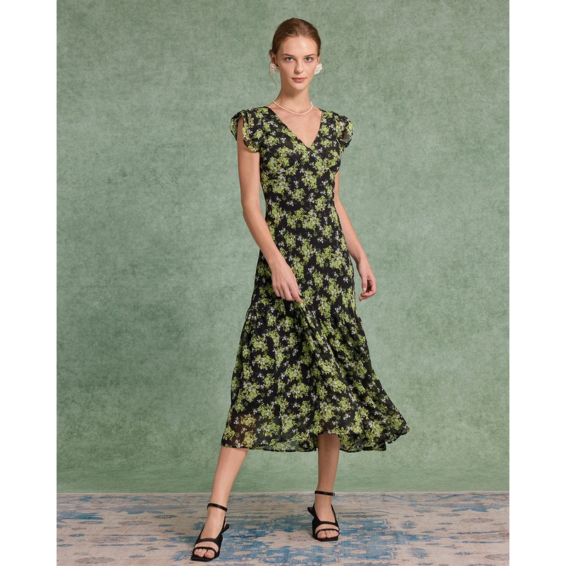 Black Floral V Neck Ruffle Midi Dress