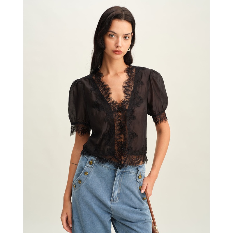 Black Puffed Sleeve Lace Blouse