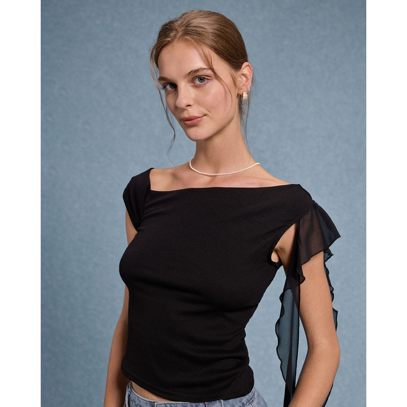 Black Ruffle Asymmetrical Tee