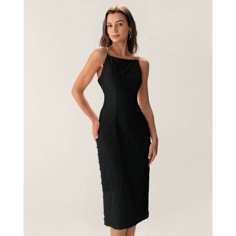 Black Textured Bodycon Beaded Strap Midi Dress