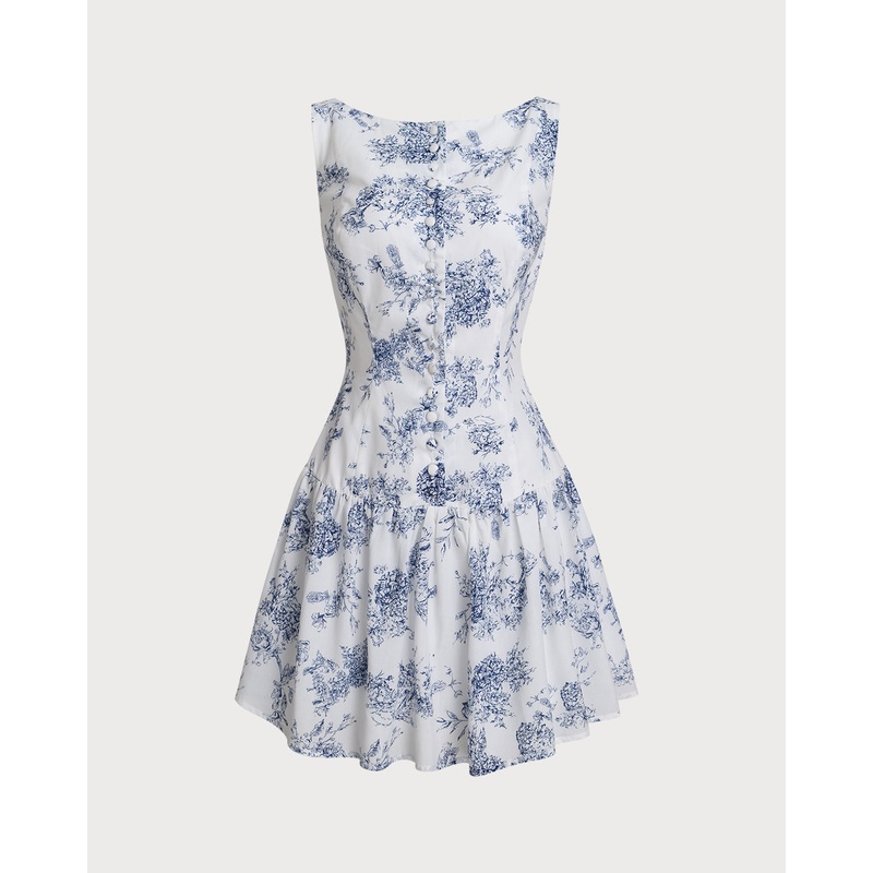 Blue Floral Boat Neck Sleeveless Mini Dress