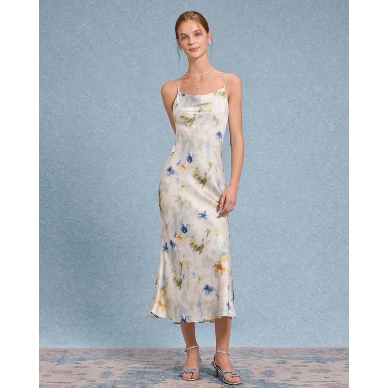 Blue Floral Mermaid Slip Midi Dress