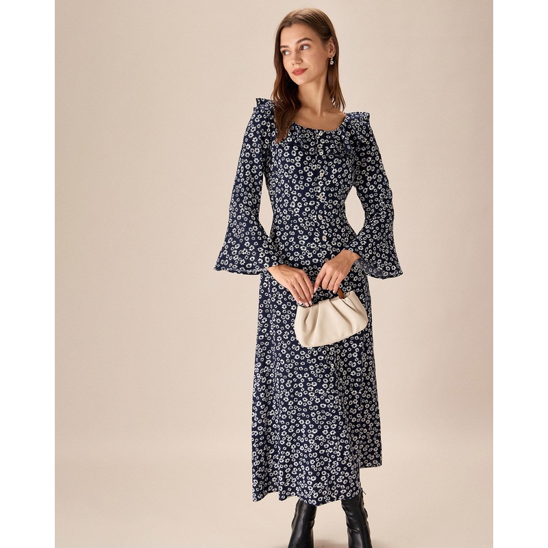 Blue Floral Ruffle Chiffon Maxi Dress