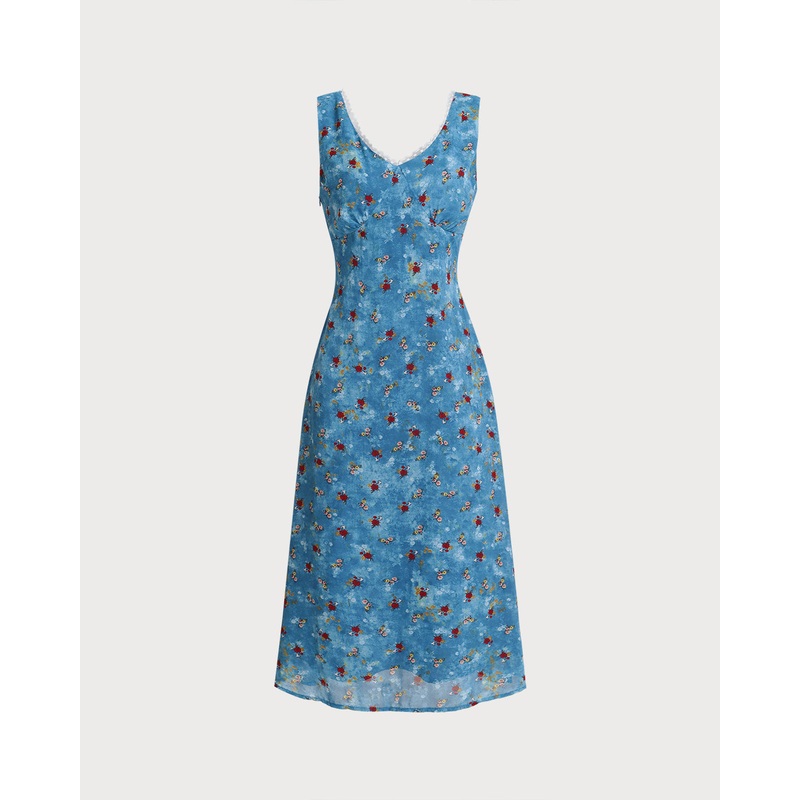 Blue Floral V Neck A-Line Sleeveless Midi Dress