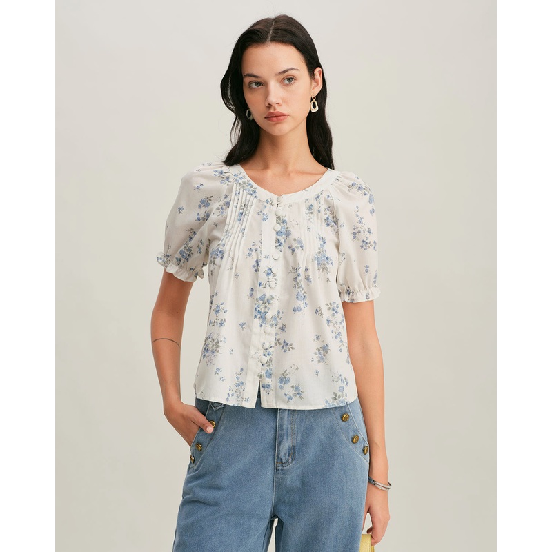 Blue Floral V Neck Button Blouse