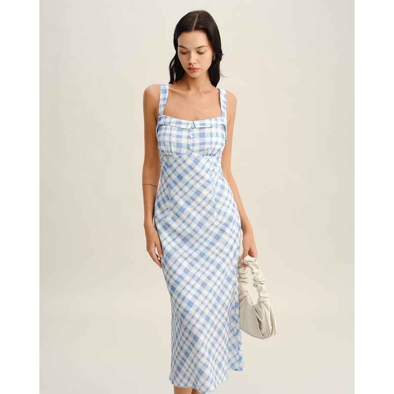 Blue Plaid Square Neck Slip Midi Dress