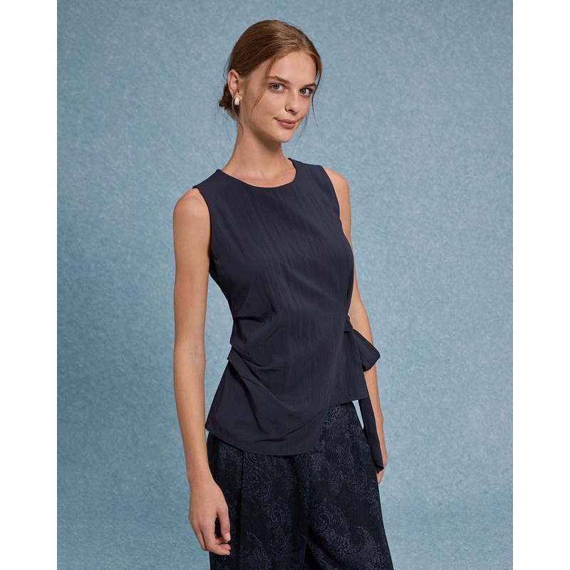 Blue Round Neck Ruched Button Tank Top