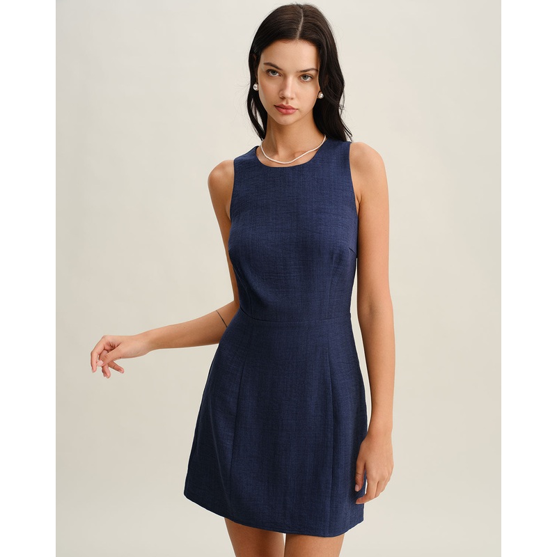 Blue Round Neck Zipper Sleeveless Mini Dress