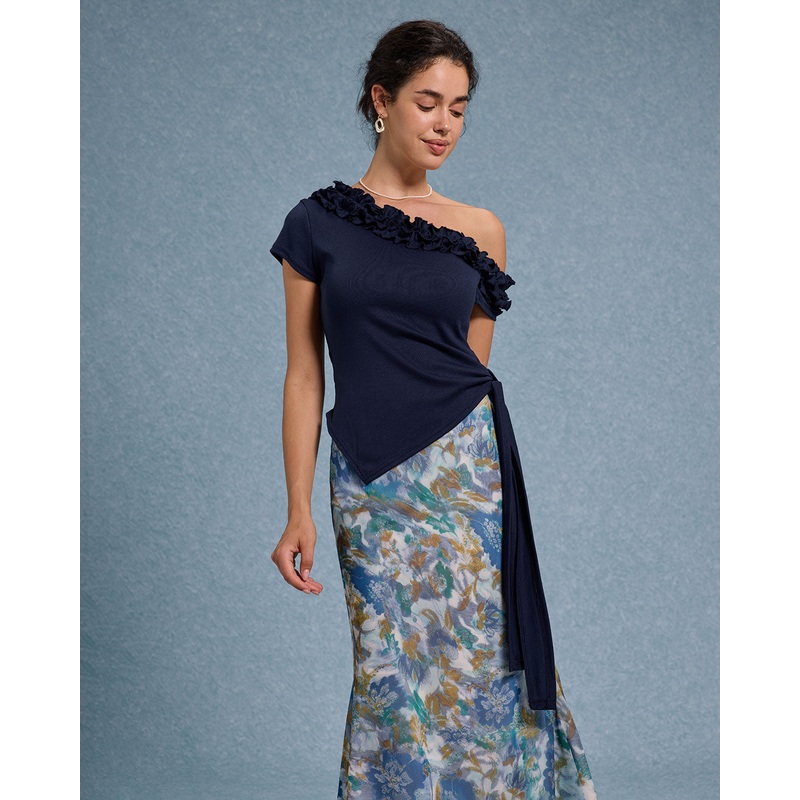 Blue Ruffle Off The Shoulder Tee