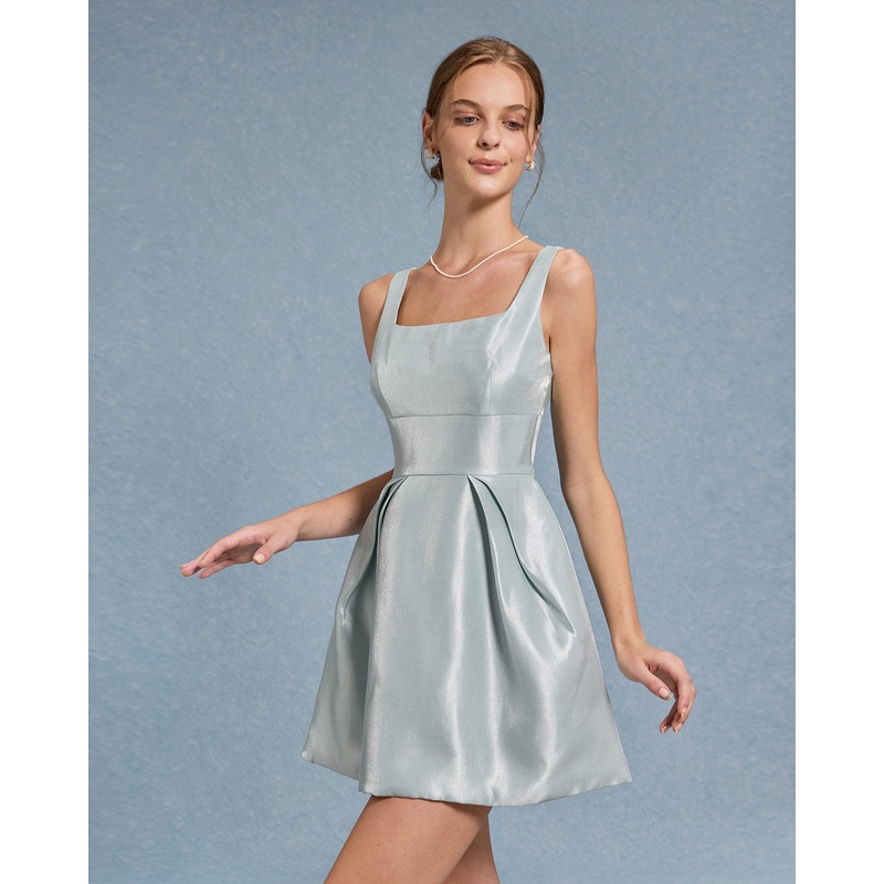 Blue Square Neck Pleated Slip Mini Dress
