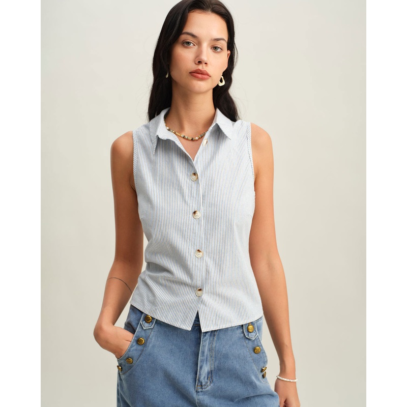 Blue Striped Button Sleeveless Blouse