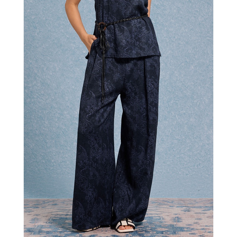 Blue Textured Wide Leg Pants