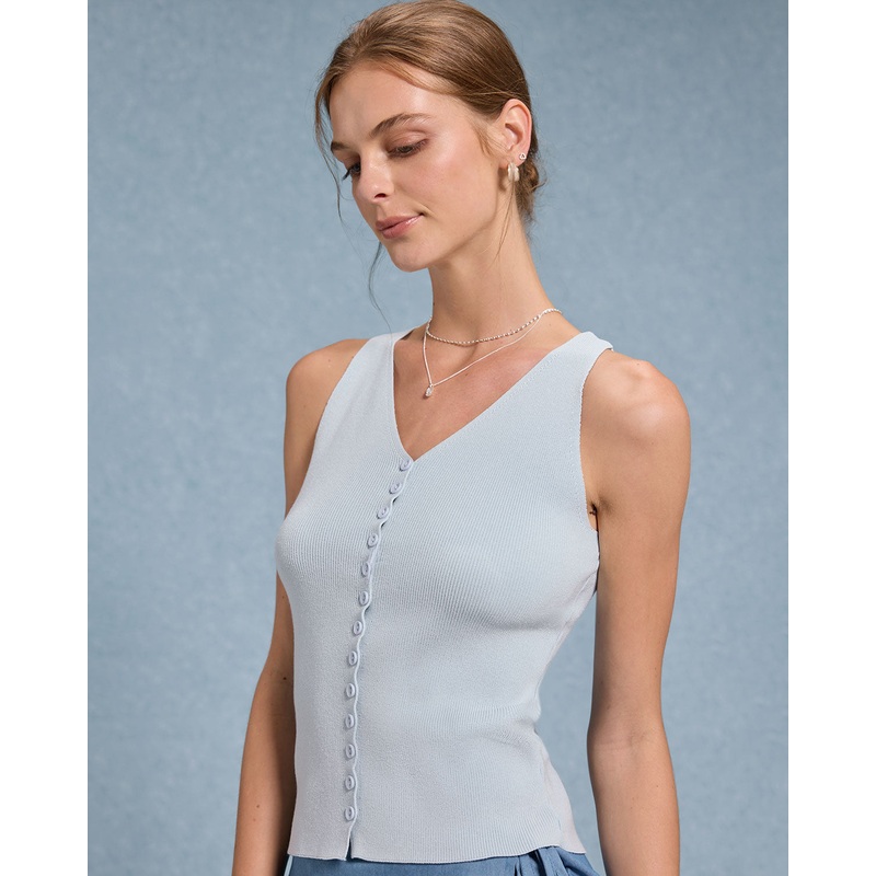 Blue V Neck Button Knit Tank Top