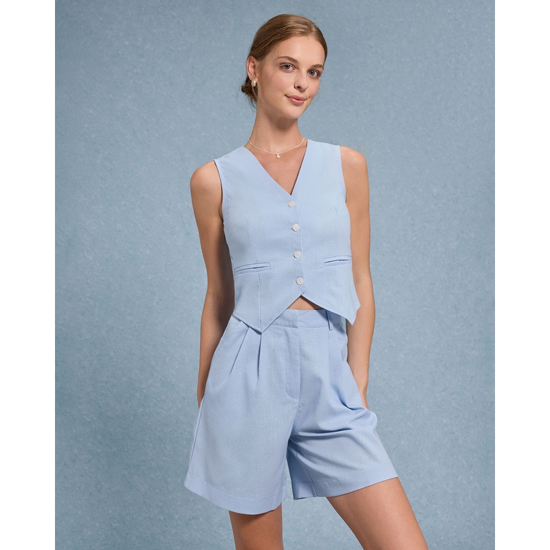 Blue V-Neck Vest Shorts Two-Piece Set