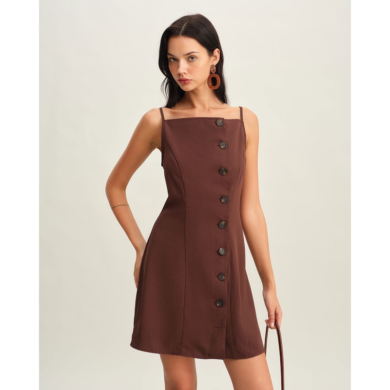 Brown Button Pleated Slip Mini Dress