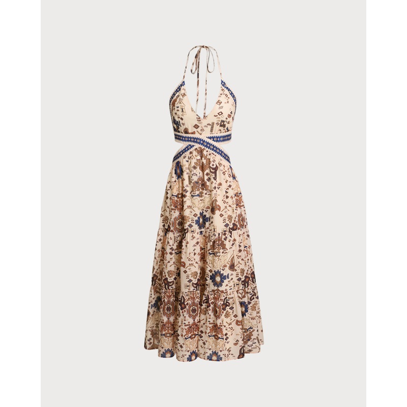 Brown Geometric Bohemian Halter Maxi Dress