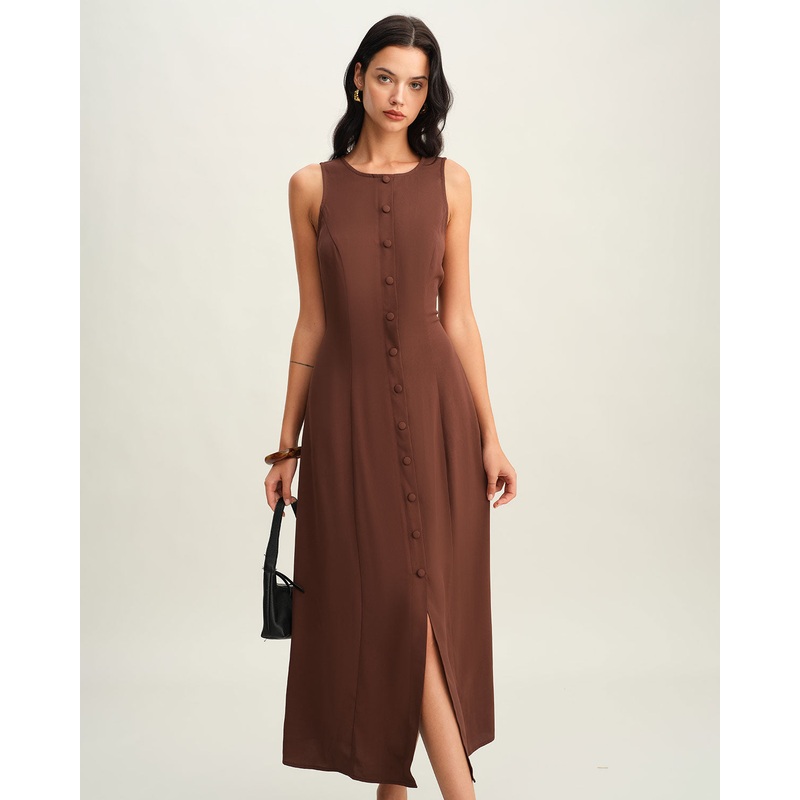 Brown Round Neck Button Sleeveless Maxi Dress