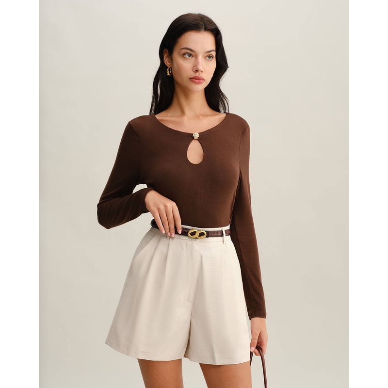 Brown Round Neck Slim Knit Tee
