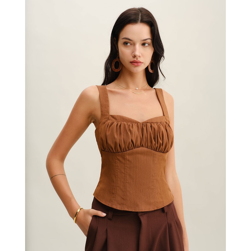 Brown Ruched Shirred Cami Top