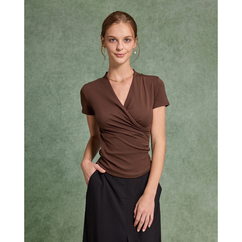 Brown Ruched Slim Knit Tee