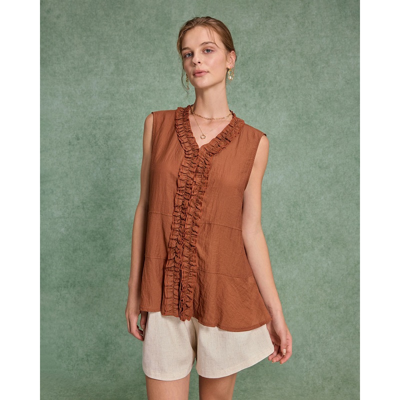 Brown V Neck Ruffle Tank Top