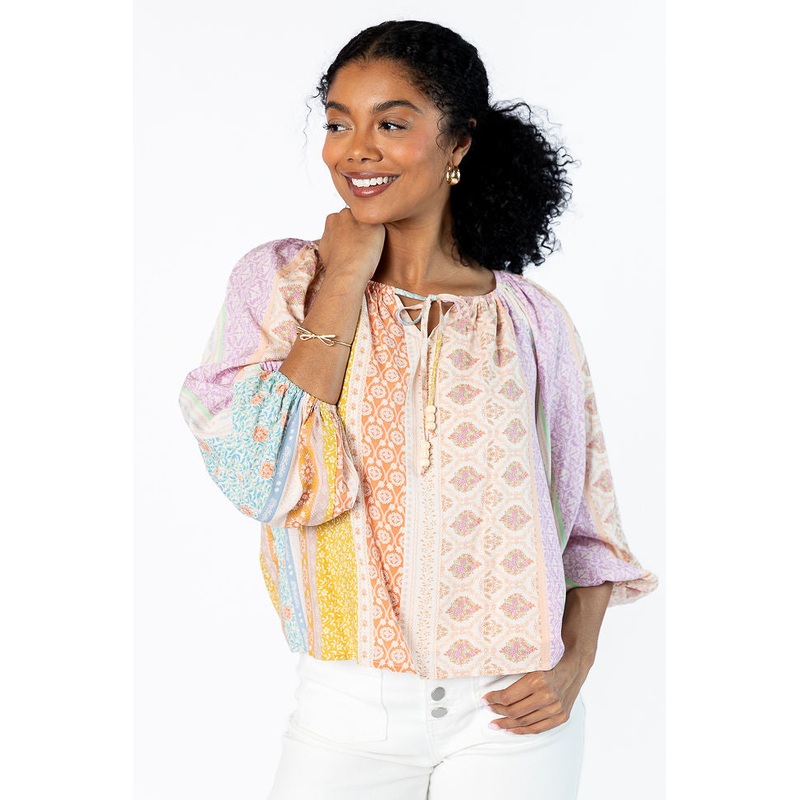 Come Along Multi Floral Patch Print Woven Pop Over Blouse FINAL SALE
