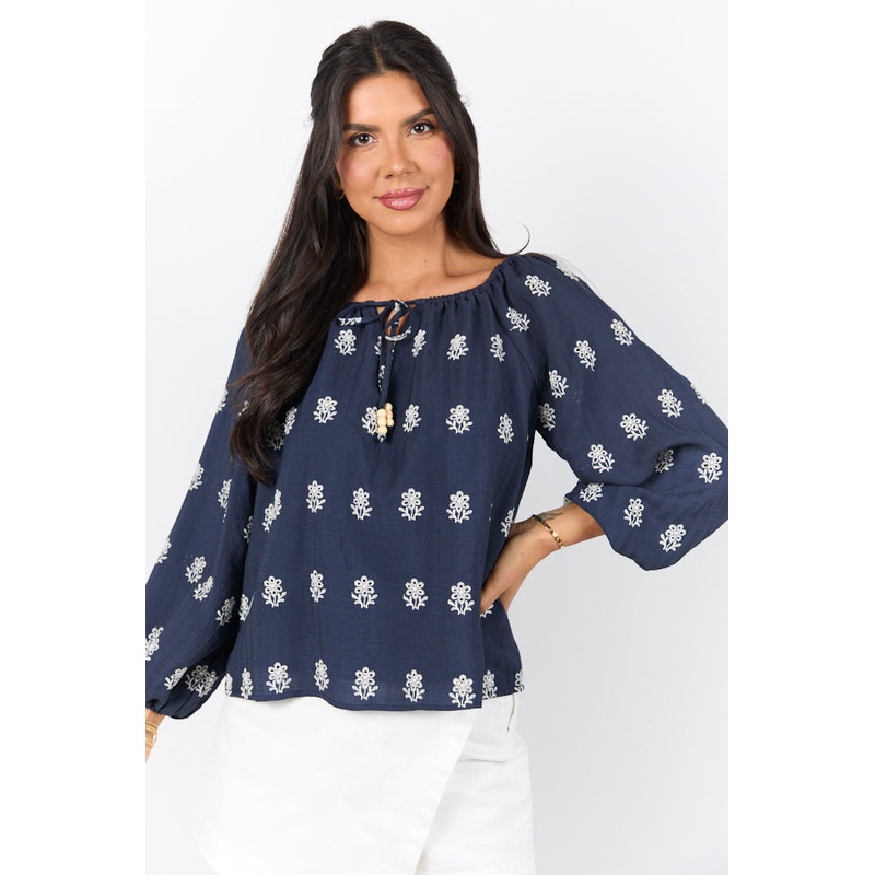 Come Along Navy Embroidered Woven Pop Over Blouse FINAL SALE