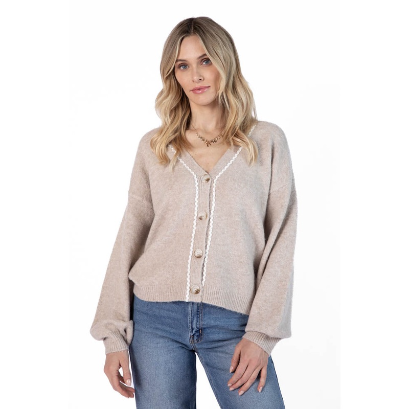 Good Graces Beige and Ivory Rickrack Trim Cardigan