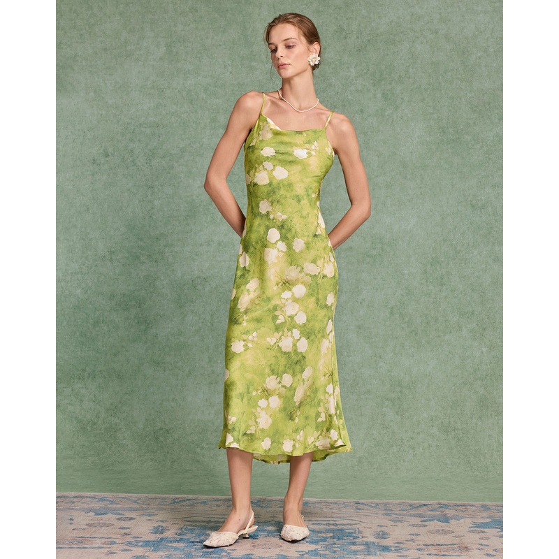 Green Floral A-Line Slip Midi Dress
