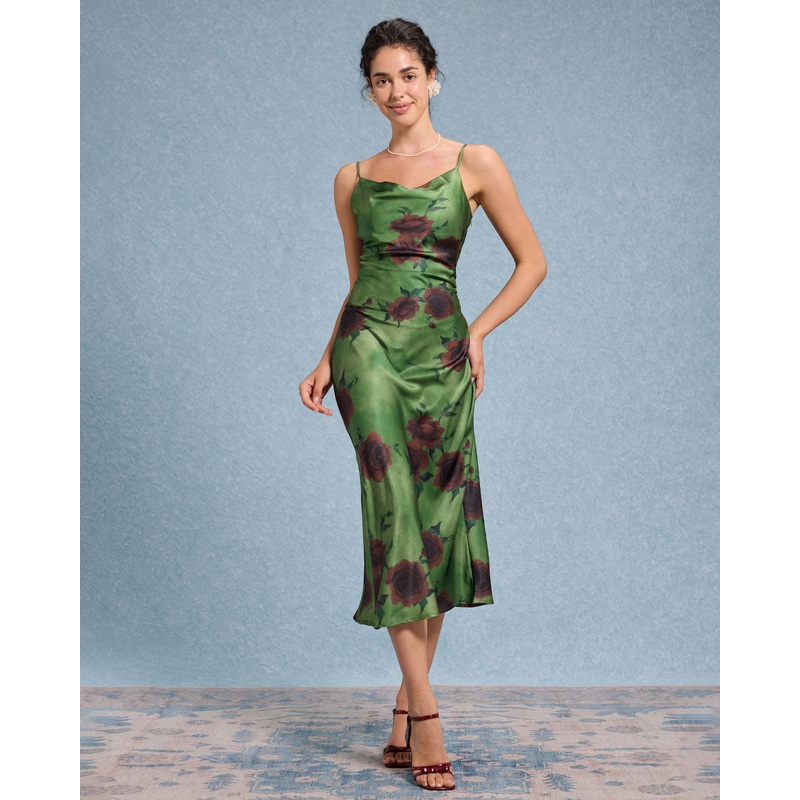 Green Floral Slip Midi Dress