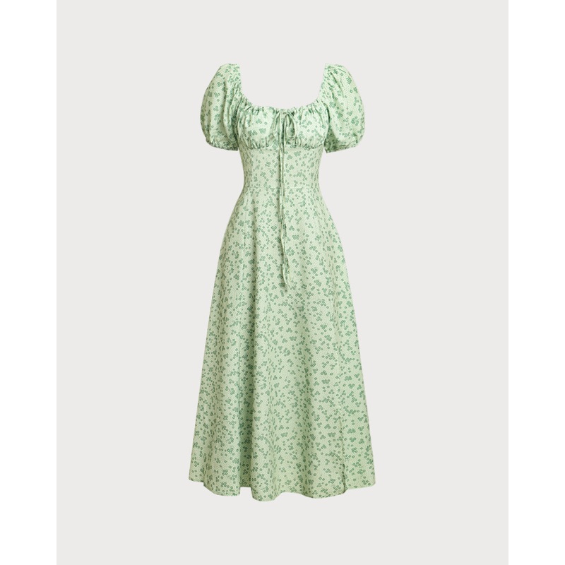 Green Floral Square Neck Puffed Sleeve Midi Dress