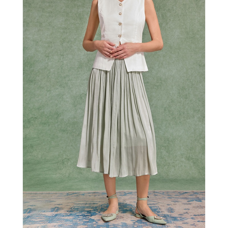 Green Flowy Pleated Midi Skirt