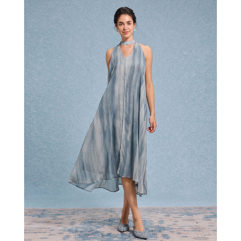 Green Tie Dye V Neck Sleeveless Midi Dress