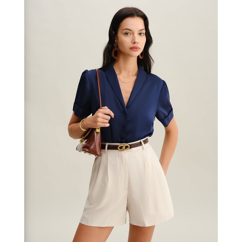 Navy Satin Button Blouse