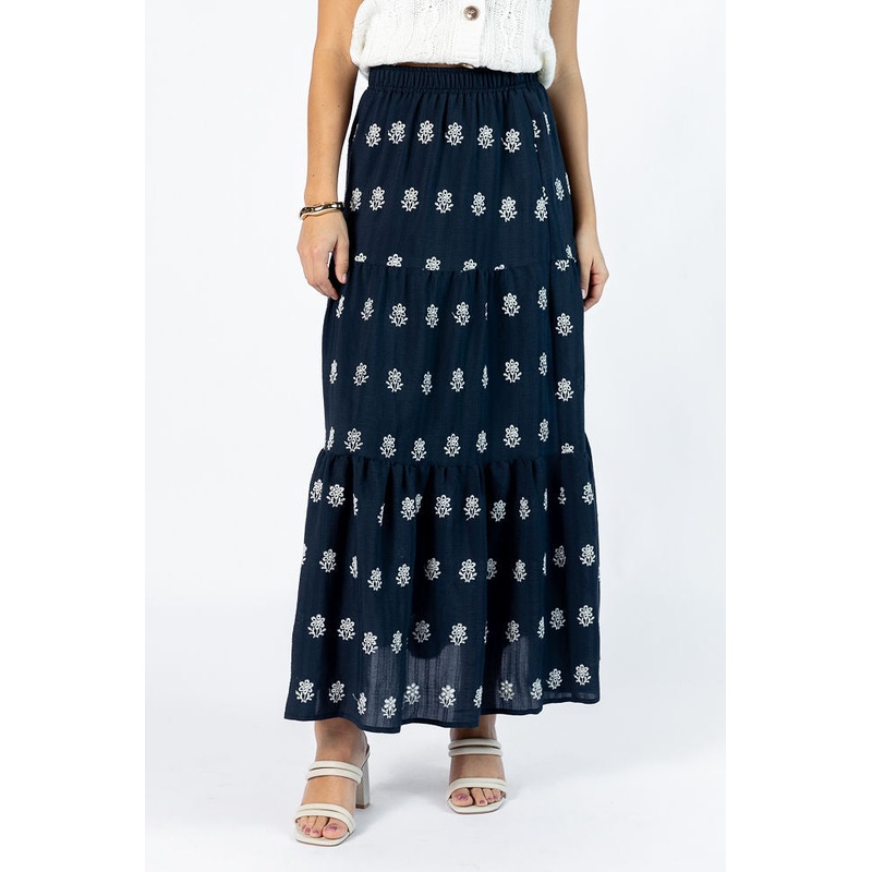 No Place Like This Navy Embroidered Maxi Skirt FINAL SALE