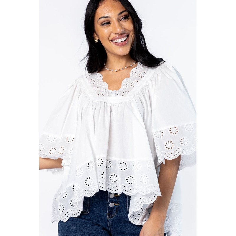 No Regrets Ivory Eyelet Detail Popover Short Sleeve Blouse