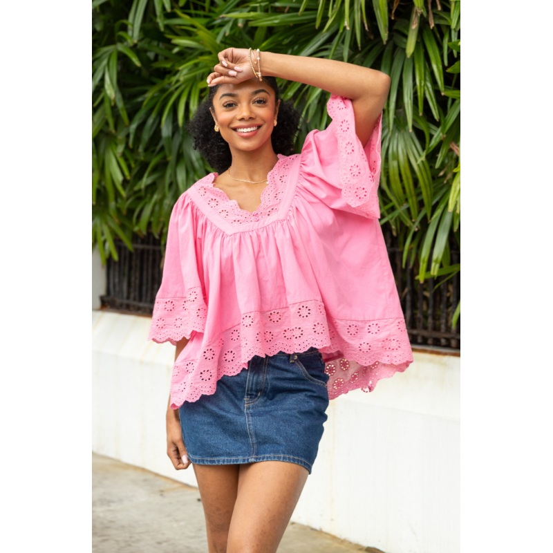 No Regrets Pink Eyelet Detail Popover Short Sleeve Blouse