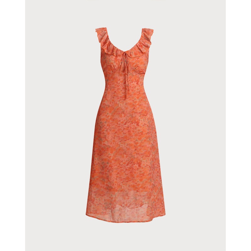 Orange Floral Ruffle Sleeveless Maxi Dress
