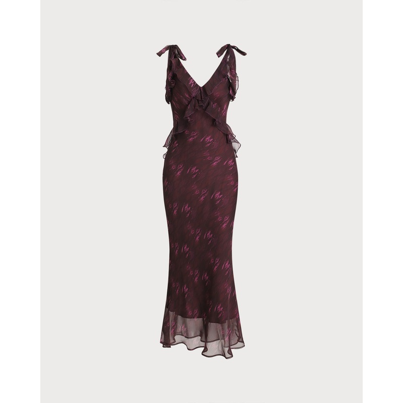 Purple Floral Ruffle Slip Maxi Dress