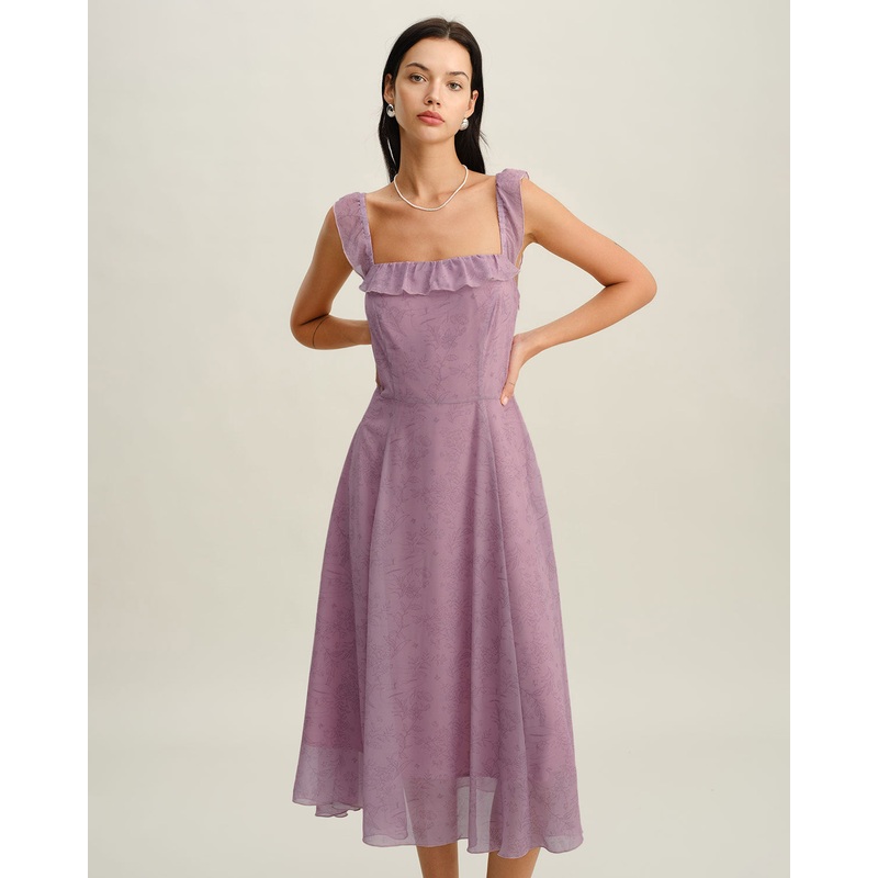 Purple Floral Square Neck Ruffle Slip Midi Dress