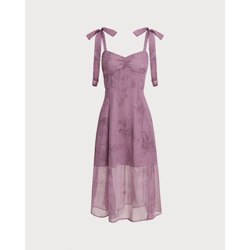Purple Floral Tie Strap Midi Dress