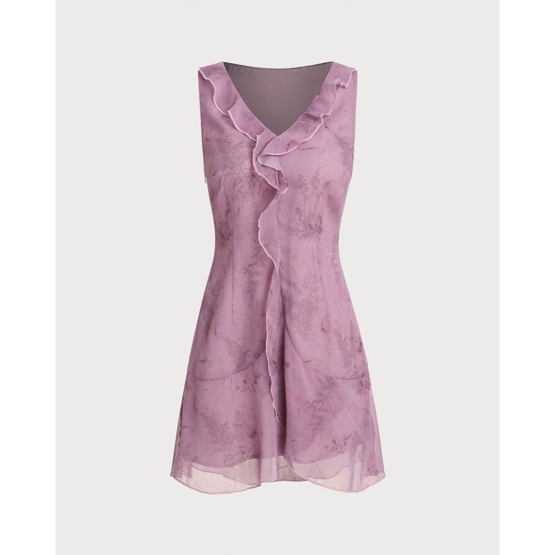 Purple Floral V Neck Ruffle Sleeveless Mini Dress
