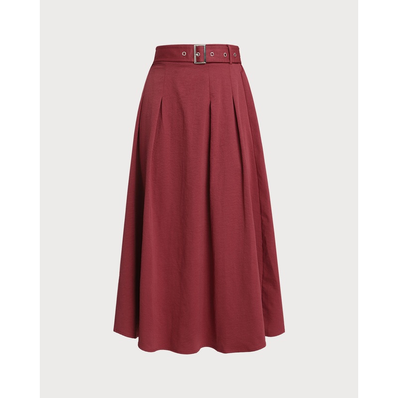 Red Belt Flared Midi Skirt