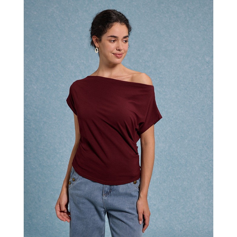 Red Cowl Sleeve Off The Shoulder Tee