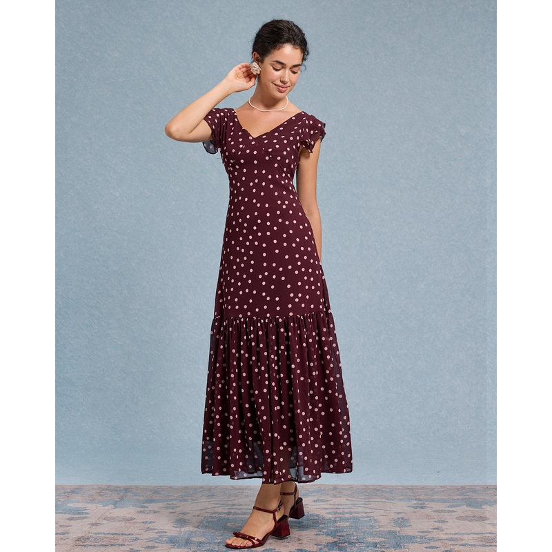 Red Polka Dot V Neck Ruffle Maxi Dress