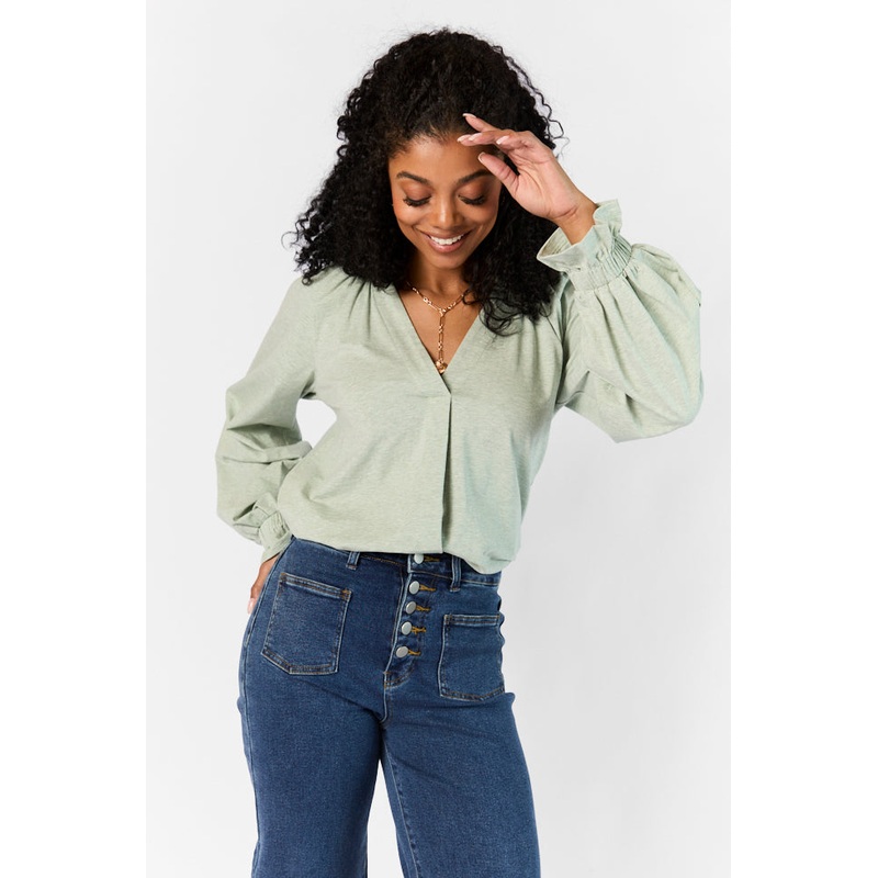 Simply You Sage Knit Notched Neck Long Sleeve Blouse